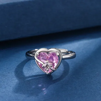 Women Fashion Simple Pink Heart-Shaped Rhinestone Copper Ring