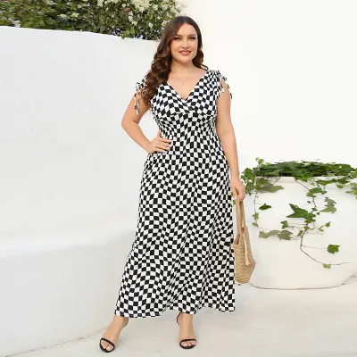 Plus Size High Stretch V-Neck Leopard Women Casual Sleeveless Maxi Dress