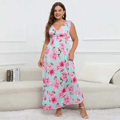 Plus Size High Stretch V-Neck Leopard Women Casual Sleeveless Maxi Dress