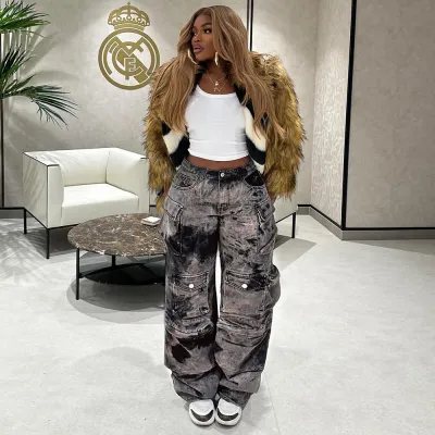 Women's Tie-Dye Wide-Leg Cargo Jeans