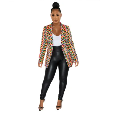 Fashion Women Large Lapel V-Neck Long Sleeve Multicolor Print Blazer