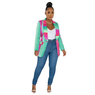 Fashion Women Large Lapel V-Neck Long Sleeve Multicolor Print Blazer
