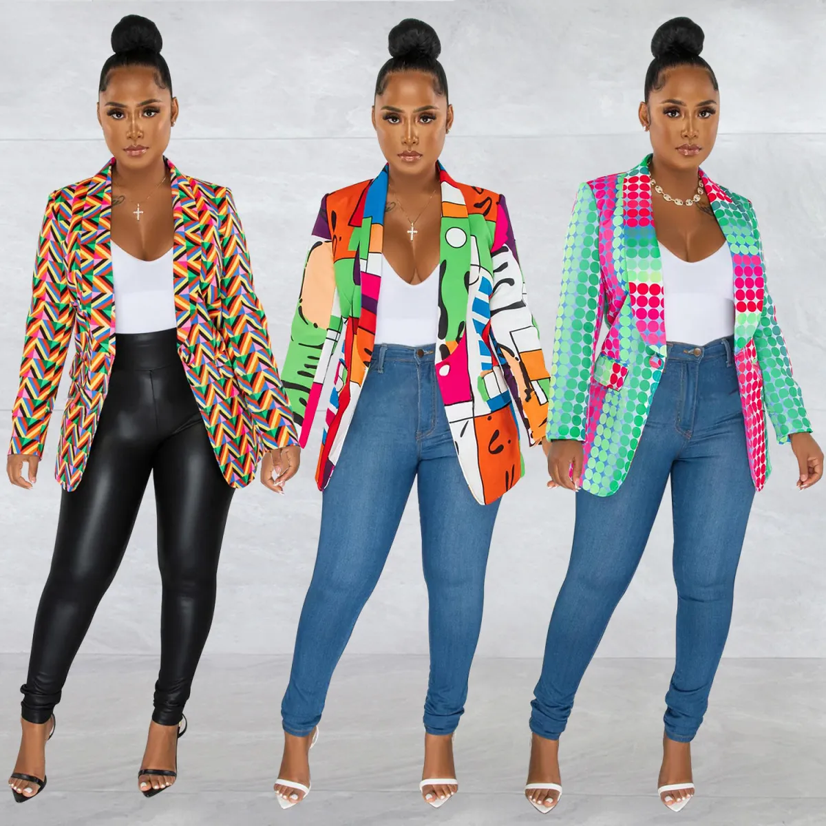 Fashion Women Large Lapel V-Neck Long Sleeve Multicolor Print Blazer