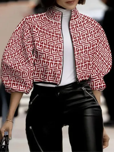 Plus Size Women Spring And Autumn Fashion Elegant Polka Dot Print Short Cropped Jacket