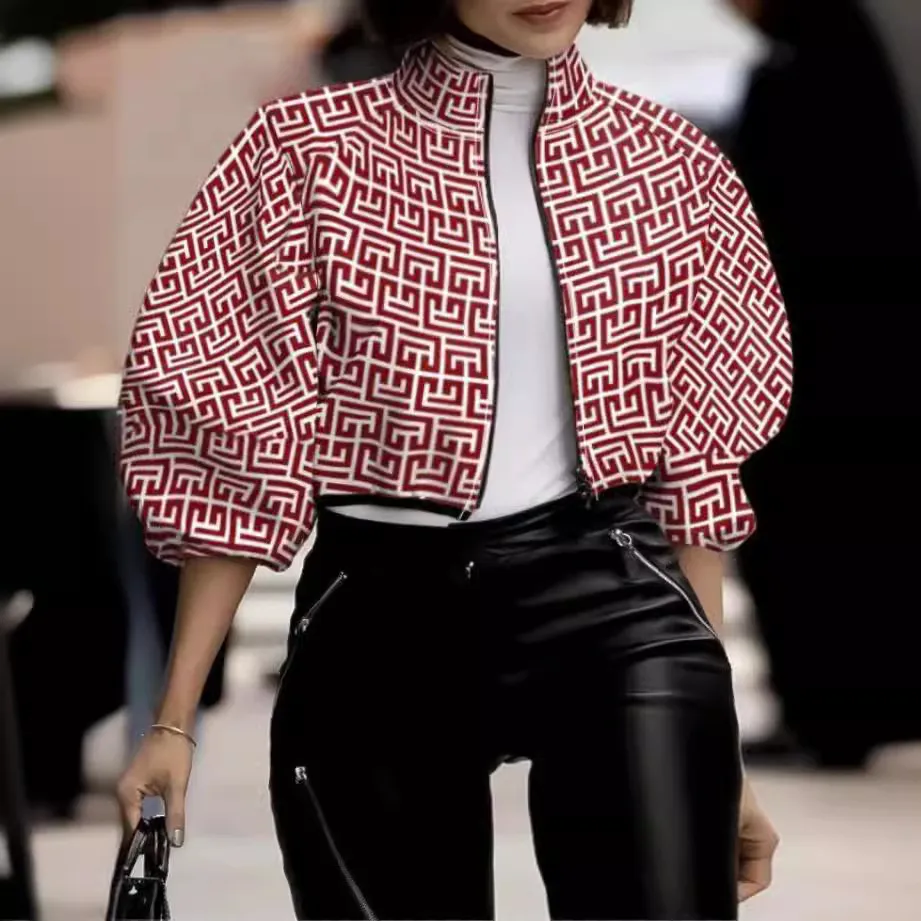 Plus Size Women Spring And Autumn Fashion Elegant Polka Dot Print Short Cropped Jacket