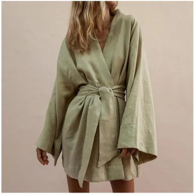 Women Cardigan Casual Solid Color Loose Cotton Wrap Shirt Dress