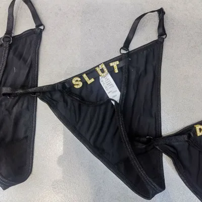 Women Sexy Rhinestone Letter Thong Panties Ice Silk Low Rise