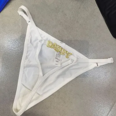 Women Sexy Rhinestone Letter Thong Panties Ice Silk Low Rise