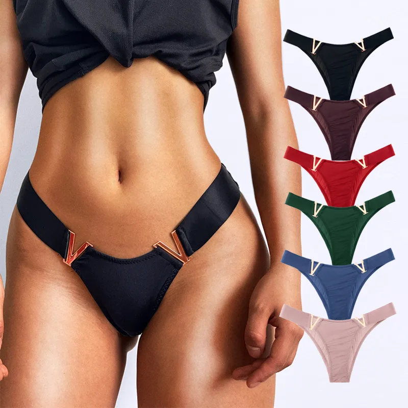 3pcs Women Sexy V Metal Panties Ice Silk Low Rise