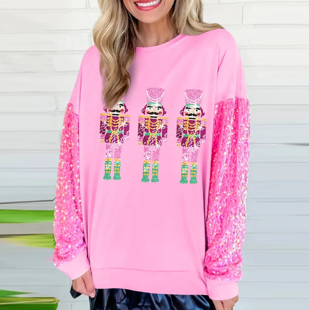 Women's Sweet Sequin Pullover Sweatshirt Long Sleeve Loose Crewneck