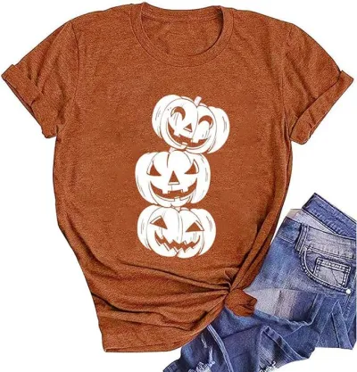 Women Halloween Pumpkin Ghost Print Short Sleeve T-Shirt Street Hipster