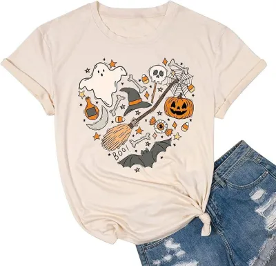 Women Halloween Pumpkin Ghost Print Short Sleeve T-Shirt Street Hipster