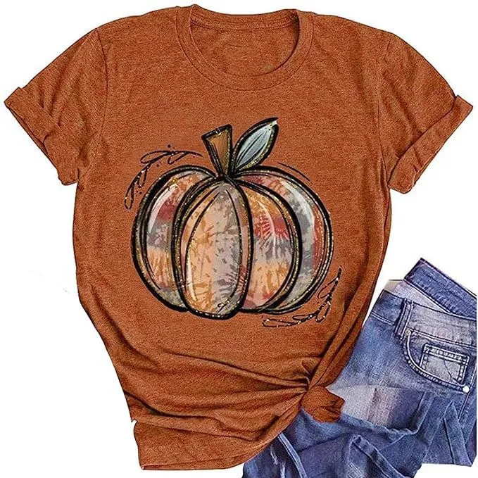 Women Halloween Pumpkin Ghost Print Short Sleeve T-Shirt Street Hipster