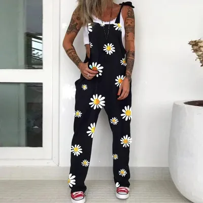 Women Fashion Halloween Skull Chrysanthemum Print Strap Jumpsuits Cotton Blend