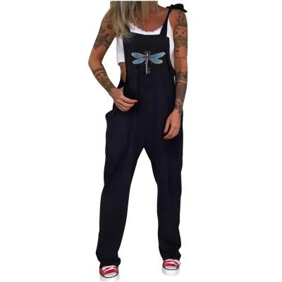Women Fashion Halloween Skull Chrysanthemum Print Strap Jumpsuits Cotton Blend