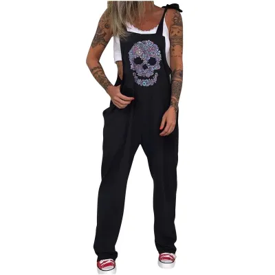 Women Fashion Halloween Skull Chrysanthemum Print Strap Jumpsuits Cotton Blend