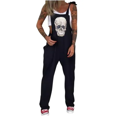 Women Fashion Halloween Skull Chrysanthemum Print Strap Jumpsuits Cotton Blend