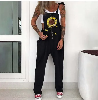 Women Fashion Halloween Skull Chrysanthemum Print Strap Jumpsuits Cotton Blend