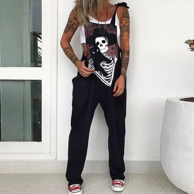 Women Fashion Halloween Skull Chrysanthemum Print Strap Jumpsuits Cotton Blend