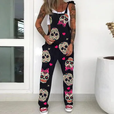 Women Fashion Halloween Skull Chrysanthemum Print Strap Jumpsuits Cotton Blend