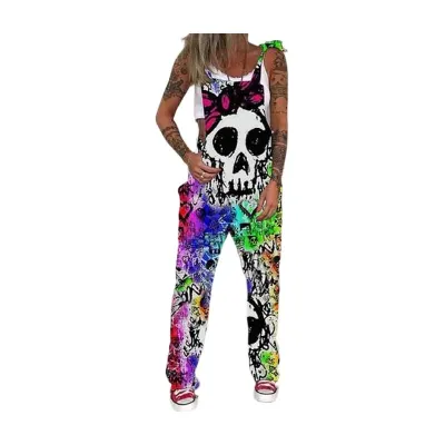 Women Fashion Halloween Skull Chrysanthemum Print Strap Jumpsuits Cotton Blend