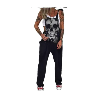 Women Fashion Halloween Skull Chrysanthemum Print Strap Jumpsuits Cotton Blend