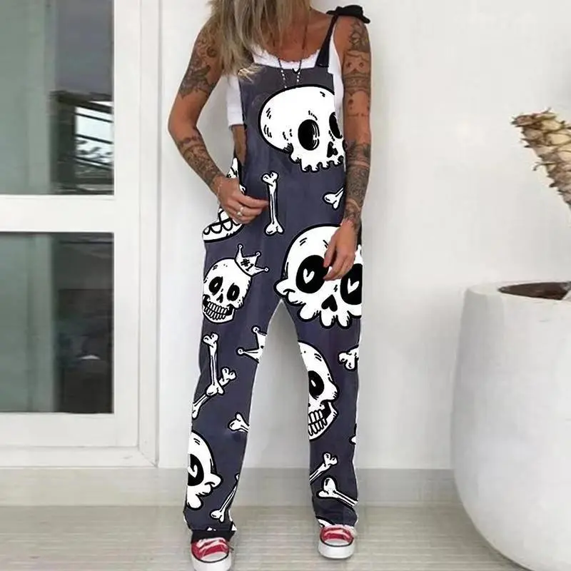 Women Fashion Halloween Skull Chrysanthemum Print Strap Jumpsuits Cotton Blend