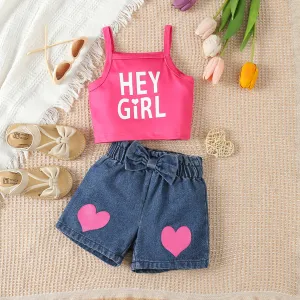 Girls Toddler Summer Camisole Denim Shorts Set Letter Print Sleeveless Casual
