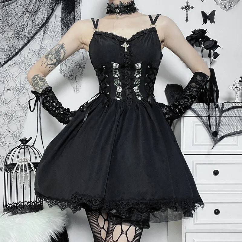 Summer Women Fashion Sexy Gothic Lace Sling Dress