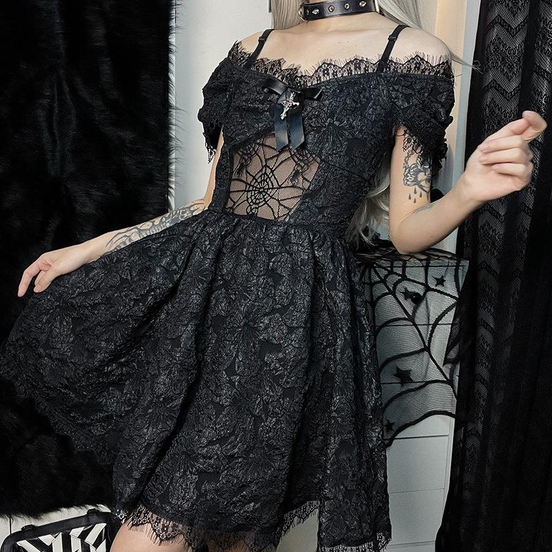 Wholesale Women Fashion Dark Gothic Lace Sling Dress