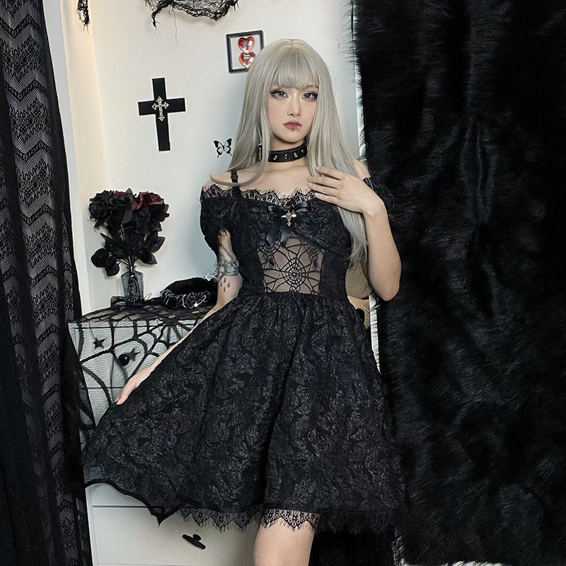 Wholesale Women Fashion Dark Gothic Lace Sling Dress