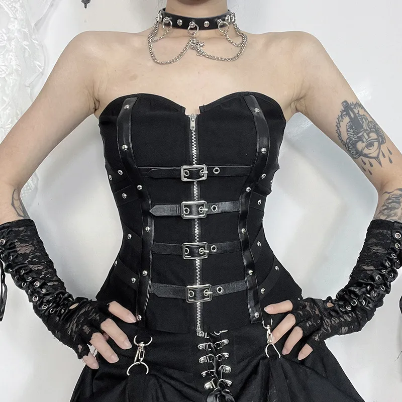 Summer Women Fashion Sexy Gothic Belt Buckle Decoration Fishbone Tube Top