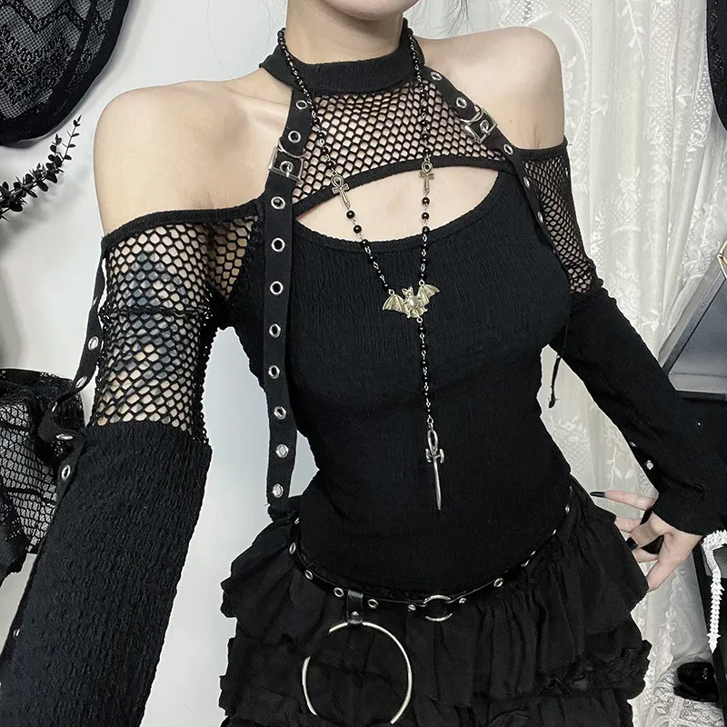 Summer Women Gothic Fishing Net Stitching Long Sleeve Top