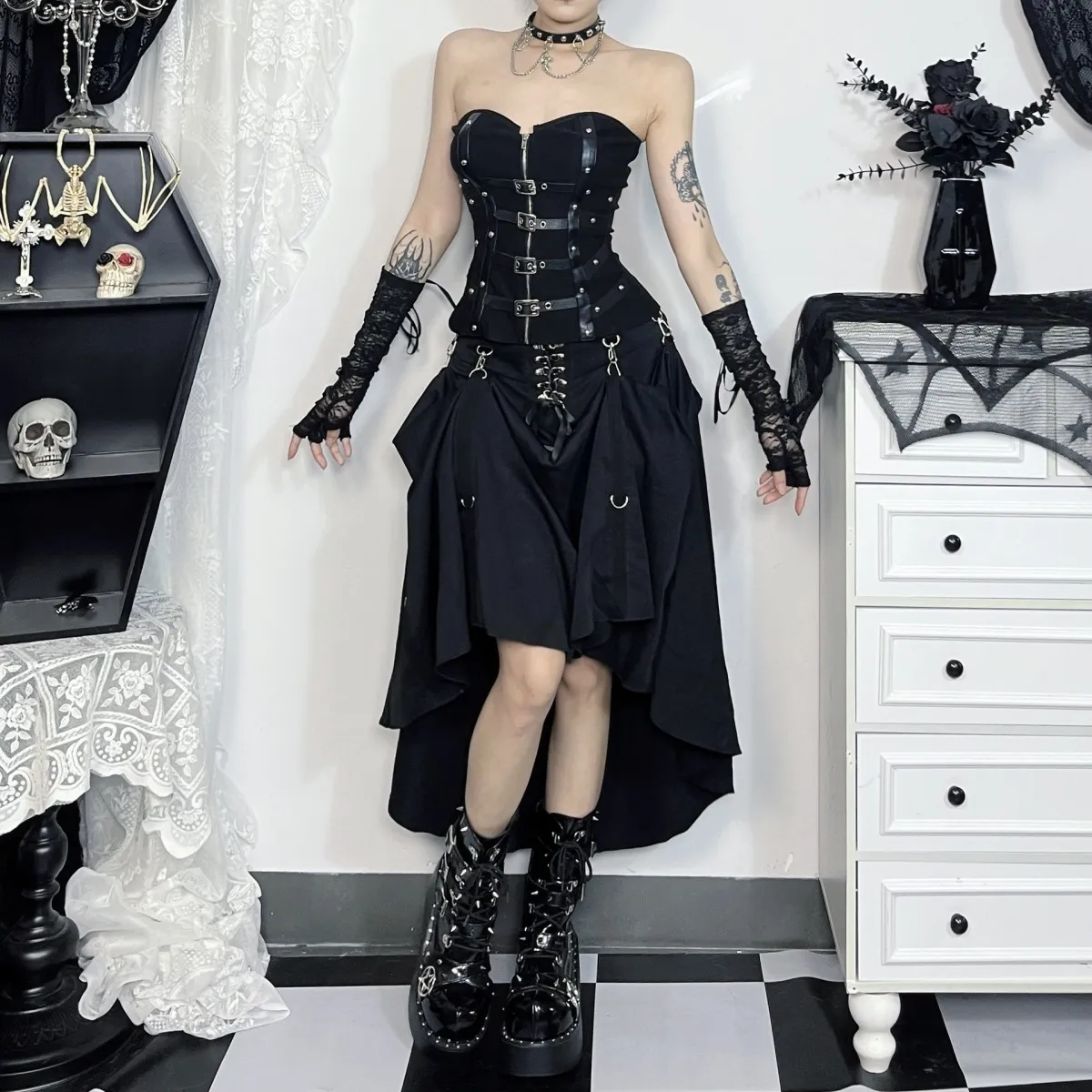Summer Women Fashion Dark Gothic Strap Skirt
