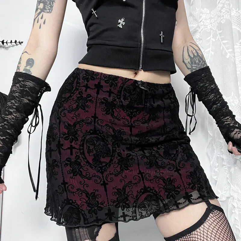 Summer Women Gothic Velvet Lace Double Skirt