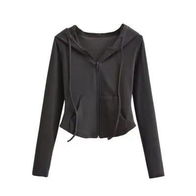 Women Slim Hooded Jacket Korean Style Casual Long Sleeve Solid Color