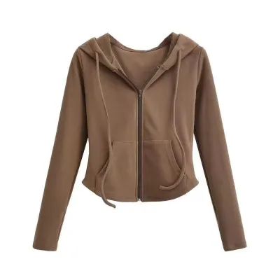 Women Slim Hooded Jacket Korean Style Casual Long Sleeve Solid Color
