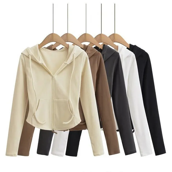 Women Slim Hooded Jacket Korean Style Casual Long Sleeve Solid Color