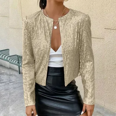 Women Sequin Street Style Casual Long Sleeve Coat