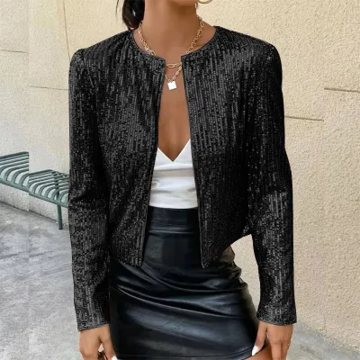 Women Sequin Street Style Casual Long Sleeve Coat