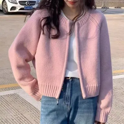 Women Autumn Winter Solid Color Knitted Wool Zipper Long Sleeve Cardigan Jacket