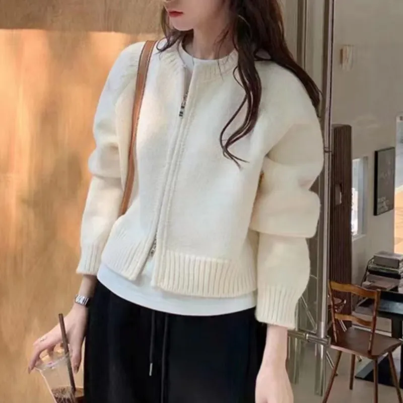 Women Autumn Winter Solid Color Knitted Wool Zipper Long Sleeve Cardigan Jacket