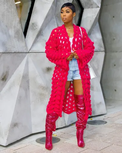Autumn Winter Women Knitted Hollow Long Cardigan Jacket