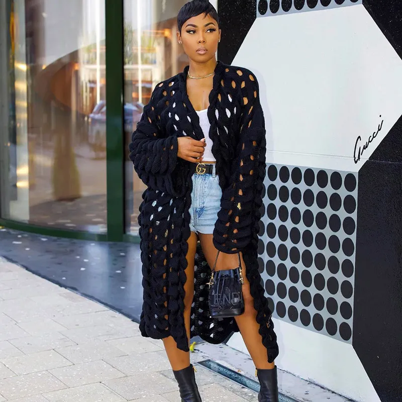 Autumn Winter Women Knitted Hollow Long Cardigan Jacket