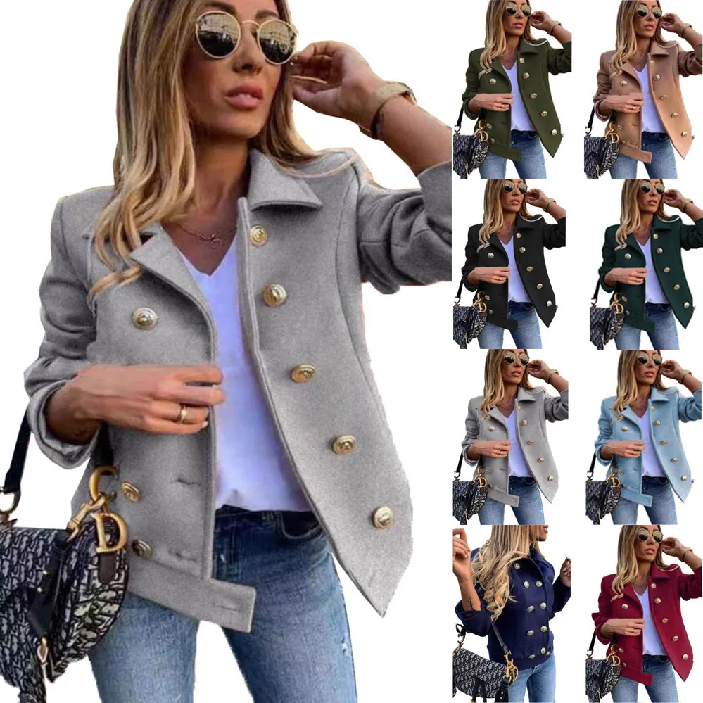 Autumn And Winter Women Fashion Solid Color Slim Fit Long Sleeve Double-Breasted Woolen Coat