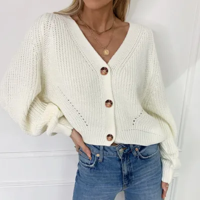 Autumn Winter Women Fashion Solid Color V-Neck Button Lantern Sleeve Knitted Cardigan Sweater
