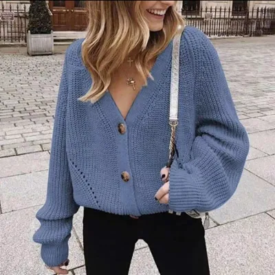 Autumn Winter Women Fashion Solid Color V-Neck Button Lantern Sleeve Knitted Cardigan Sweater