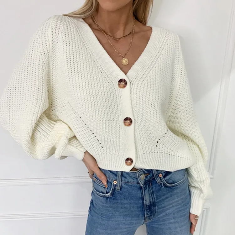 Autumn Winter Women Fashion Solid Color V-Neck Button Lantern Sleeve Knitted Cardigan Sweater