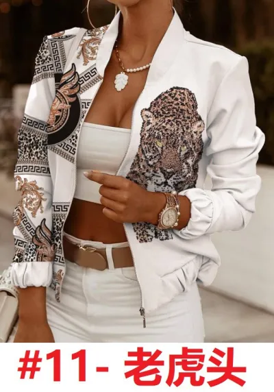 Women Fashion Gradient Leopard Floral Print Long Sleeve Cardigan Jacket