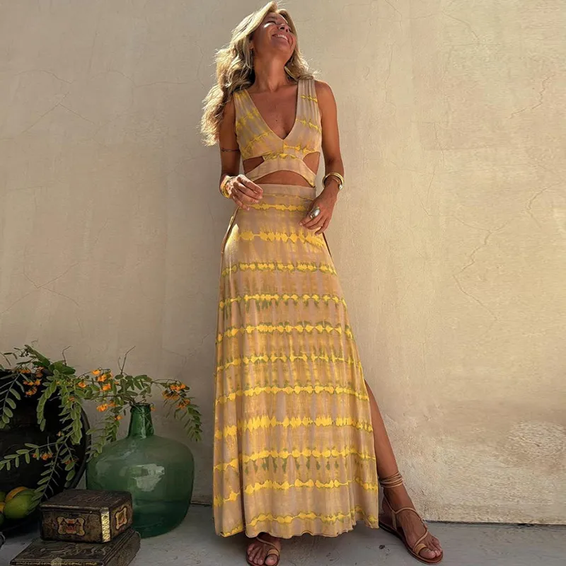 Graphic Print V-Neck Slim-Fit Women Casual Cut Out Maxi Boho Dress